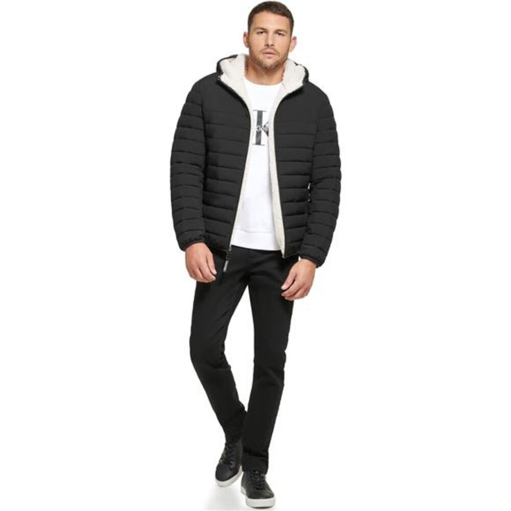 Mens Hooded Down Jacket, Quilted Coat, Sherpa Lined